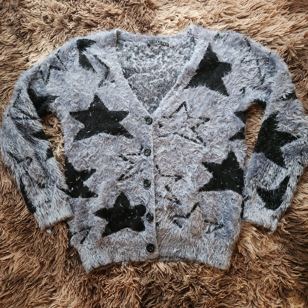 ​Y2K Whimsigoth Fuzzy Slate Blue Star Cardigan Sweater Potters Pot Anthropologie